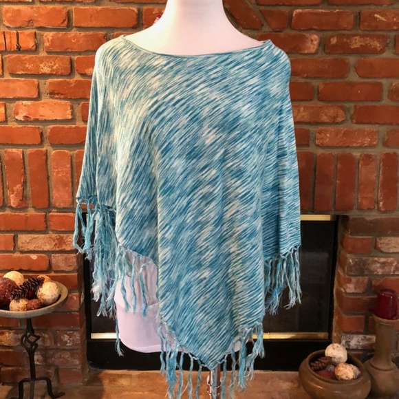 Southwestern Blue White Fringe PONCHO Cape Shawl - Picture 2 of 6